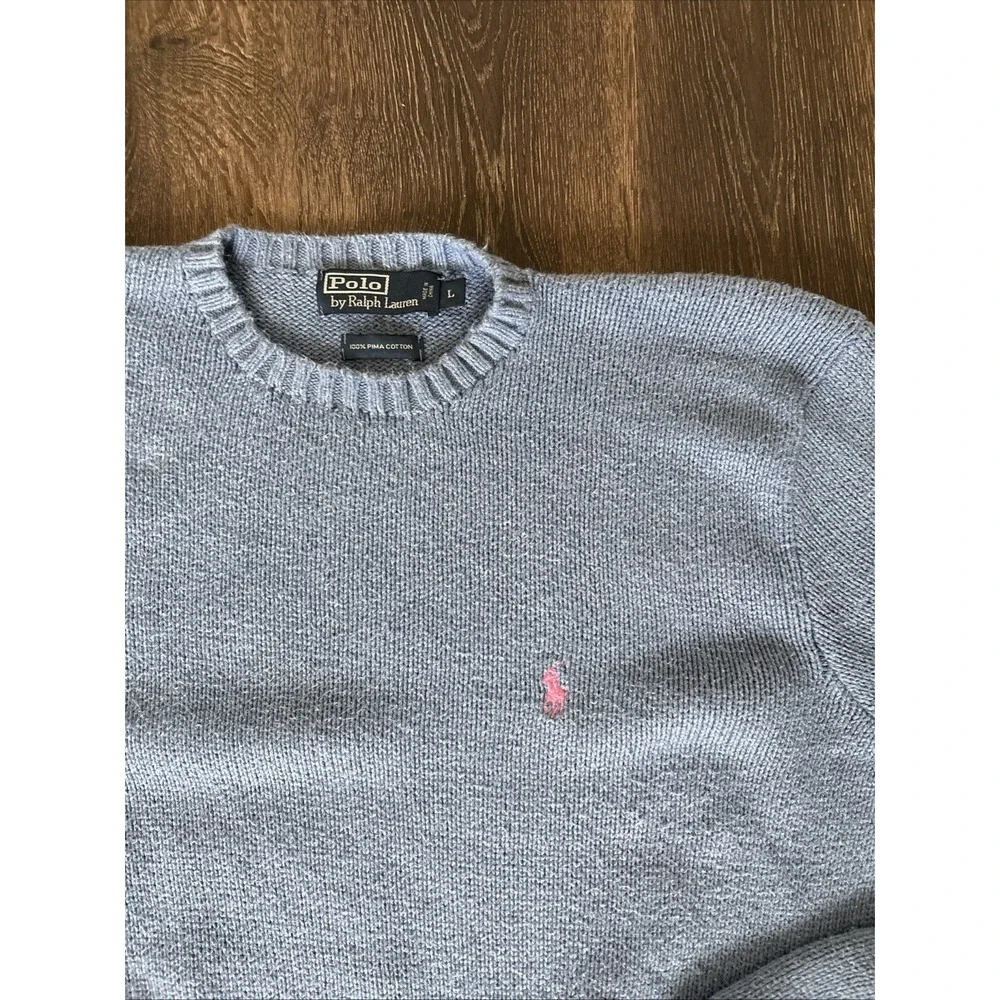 Vintage Polo Ralph Lauren Sweater Mens L Blue Chunky Knit Cotton Crew Pullover